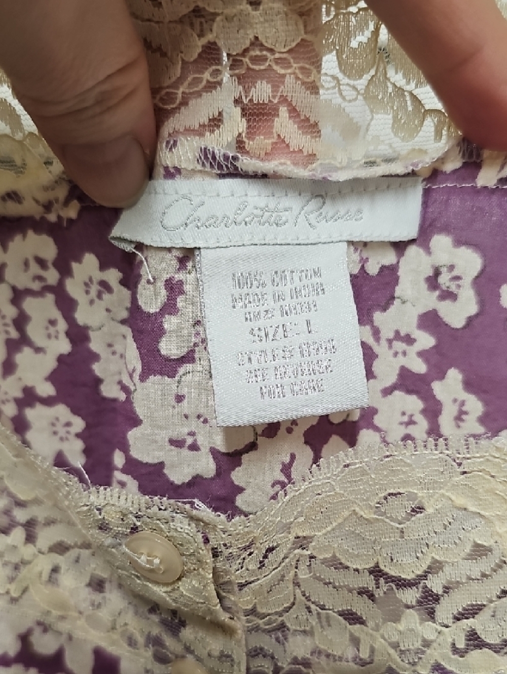 EUC Vintage Charlotte Russe Purple Floral Lace-Trim Button Front 100% Cotton - Picture 2 of 13